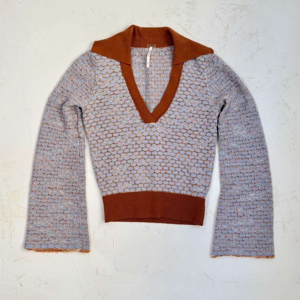 Free People V-Neck Sweater in Blue and Rust Size S - Picture 10 of 12